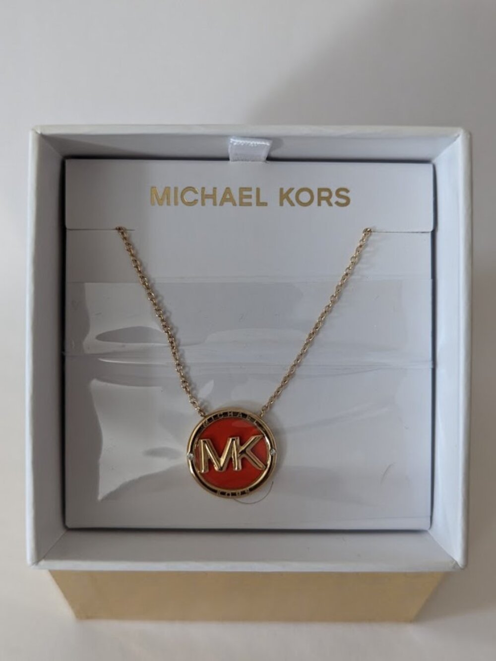 MICHAEL KORS Yellow Gold Tone Orange Enamel MK Logo Necklace NWT Gift Box